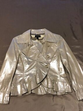 Silvery Cream Metallic Leather Double Breasted Jacket